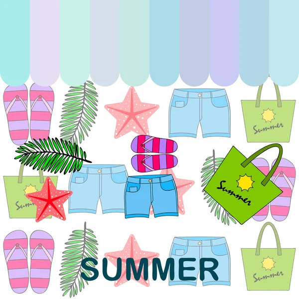 Zomervakantie. Strand tas, slippers, shorts, Starfish, tropische blad. Vector achtergrond — Stockvector