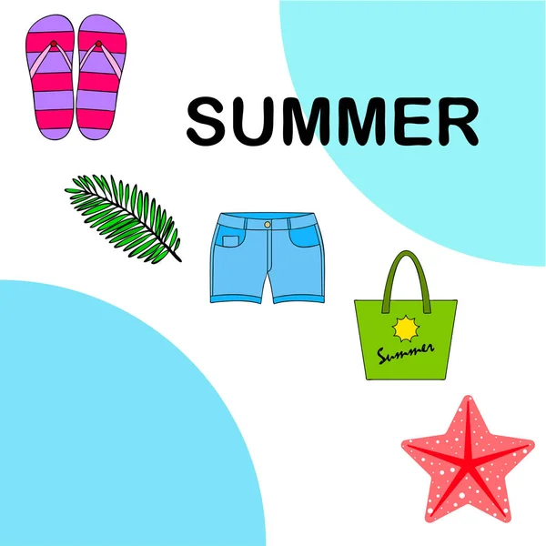 Summer vacation. Beach bag, slippers, shorts, starfish, tropical sheet. Vector background — Stock Vector