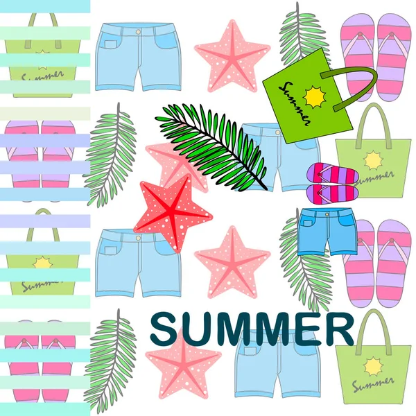 Zomervakantie. Strand tas, slippers, shorts, Starfish, tropische blad. Vector achtergrond — Stockvector