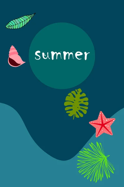 Summer Rest Starfish Seashell Leaves Tropical Plants Vector Background — Stock Vector