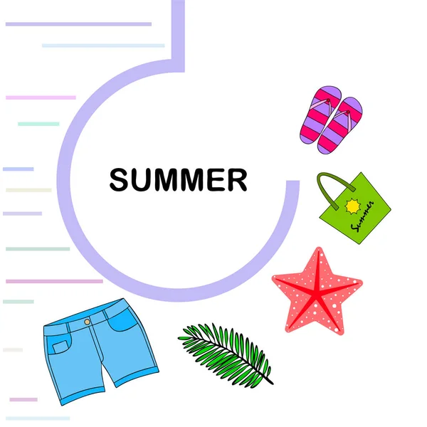 Sommarlovet. Strandväska, tofflor, shorts, sjöstjärna, tropisk plåt. Vektor bakgrund — Stock vektor
