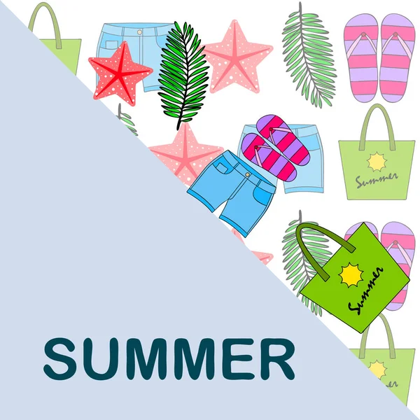 Zomervakantie. Strand tas, slippers, shorts, Starfish, tropische blad. Vector achtergrond — Stockvector