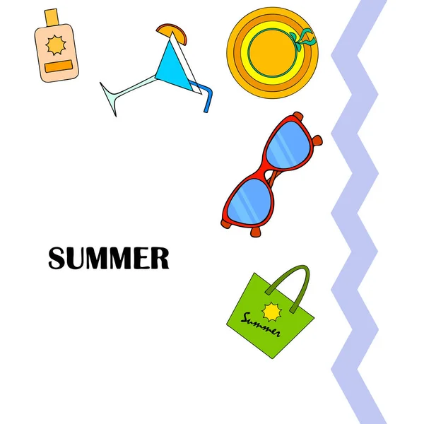 Vacances à la plage. Lunettes de soleil, chapeau, sac de plage, cocktail, crème solaire. Fond vectoriel . — Image vectorielle