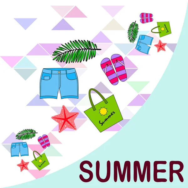 Zomervakantie. Strand tas, slippers, shorts, Starfish, tropische blad. Vector achtergrond — Stockvector