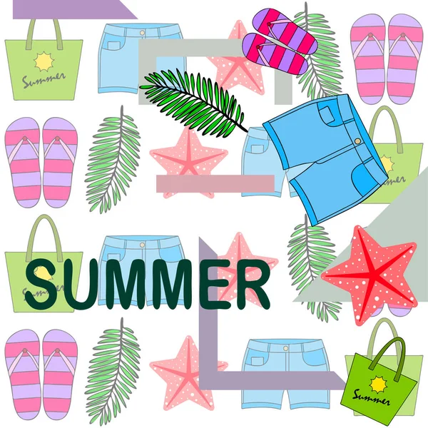 Summer vacation. Beach bag, slippers, shorts, starfish, tropical sheet. Vector background — Stock Vector