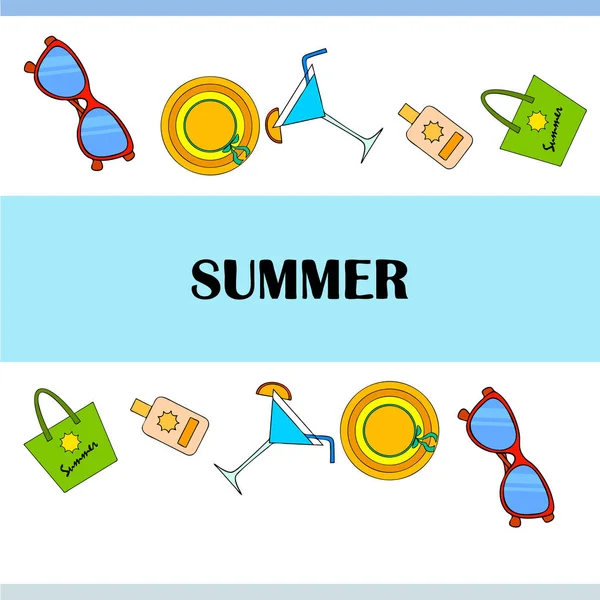 Пляжный отдых. Солнечные очки, шляпа, пляжная сумка, коктейль, солнцезащитный крем. Векторный фон . — стоковый вектор