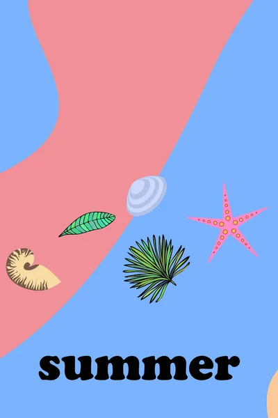 Летний Отдых Морская Звезда Ракушка Листья Тропических Растений Векторный Фон — стоковый вектор