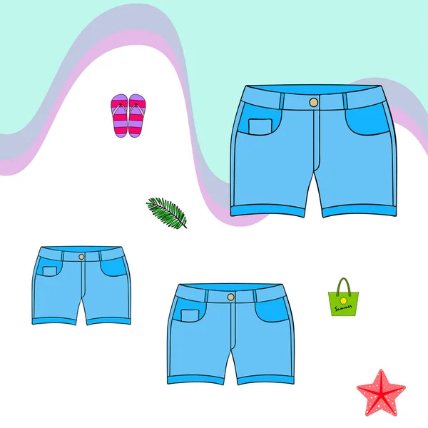 Sommerferien. Strandtasche, Hausschuhe, Shorts, Seesterne, tropisches Laken. Vektorhintergrund — Stockvektor