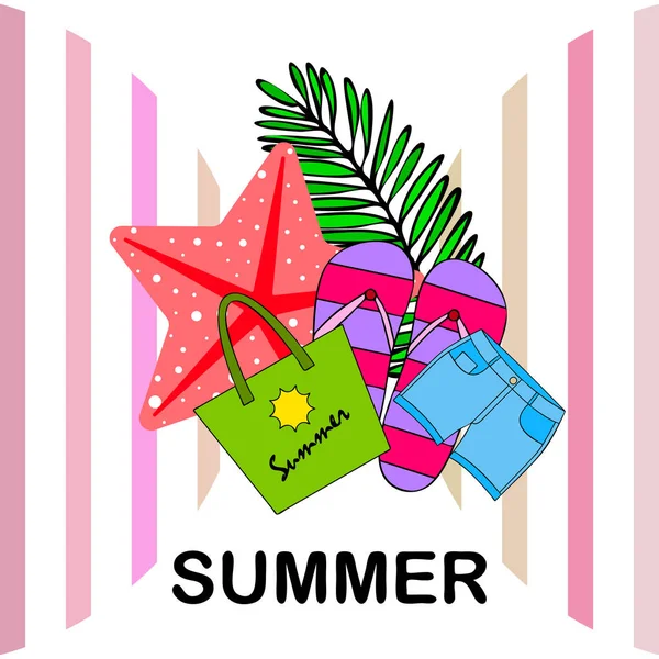 Vacaciones de verano. Bolsa de playa, zapatillas, pantalones cortos, estrellas de mar, sábana tropical. Fondo vectorial — Vector de stock