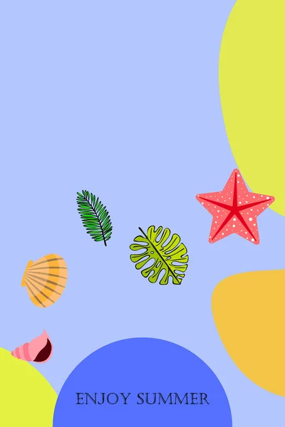 Летний отдых. Морская звезда, ракушка, листья тропических растений. Векторный фон — стоковый вектор