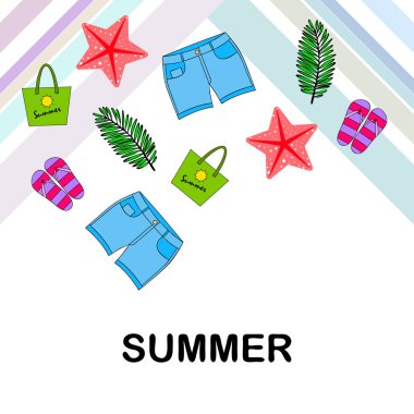 Yaz tatili. Plaj çantası, terlik, şort, denizyıldızı, tropik çarşaf. Vektör arka planı
