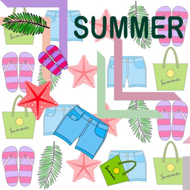 Yaz tatili. Plaj çantası, terlik, şort, denizyıldızı, tropik çarşaf. Vektör arka planı