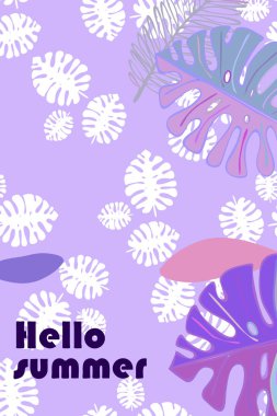 Tropik bitkilerin yaprakları. Renkli yaz kartpostalı, yaz tatili. Vektör arka planı.