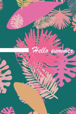 Tropik bitkilerin yaprakları. Renkli yaz kartpostalı, yaz tatili. Vektör arka planı.