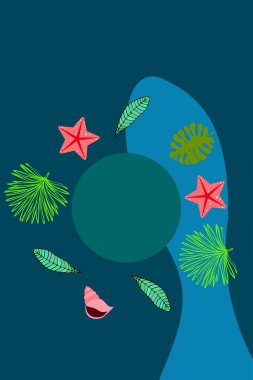 Yaz istirahati. Denizyıldızı, deniz kabuğu, tropik bitkilerin yaprakları. Vektör arka planı