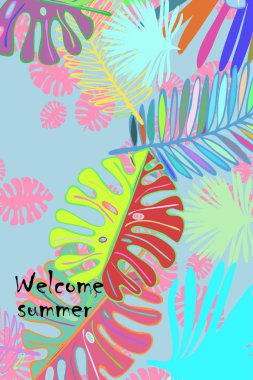 Tropik bitkilerin yaprakları. Renkli yaz kartpostalı, yaz tatili. Vektör arka planı.