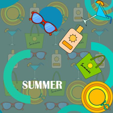Sahil tatili. Güneş gözlüğü, şapka, plaj çantası, kokteyl, güneş kremi. Vektör arka planı.