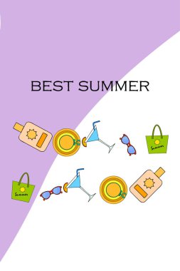 Sahil tatili. Güneş gözlüğü, şapka, plaj çantası, kokteyl, güneş kremi. Vektör arka planı.