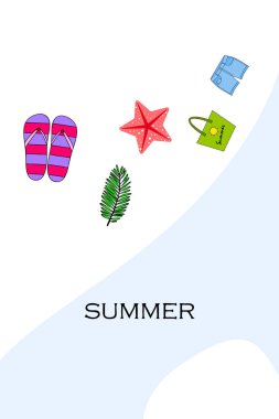 Yaz tatili. Plaj çantası, terlik, şort, denizyıldızı, tropik çarşaf. Vektör arka planı