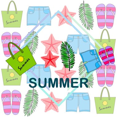 Yaz tatili. Plaj çantası, terlik, şort, denizyıldızı, tropik çarşaf. Vektör arka planı