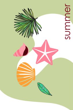 Yaz istirahati. Denizyıldızı, deniz kabuğu, tropik bitkilerin yaprakları. Vektör arka planı