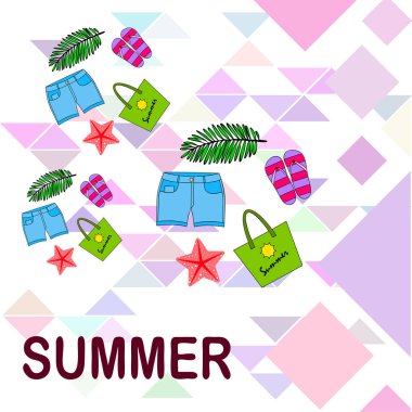 Yaz tatili. Plaj çantası, terlik, şort, denizyıldızı, tropik çarşaf. Vektör arka planı