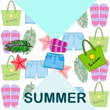 Yaz tatili. Plaj çantası, terlik, şort, denizyıldızı, tropik çarşaf. Vektör arka planı