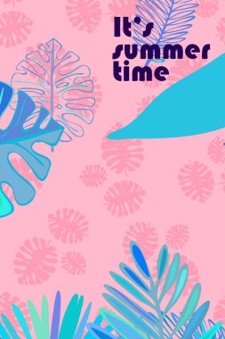 Tropik bitkilerin yaprakları. Renkli yaz kartpostalı, yaz tatili. Vektör arka planı.