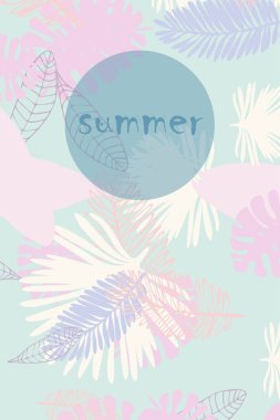 Tropik bitkilerin yaprakları. Renkli yaz kartpostalı, yaz tatili. Vektör arka planı.