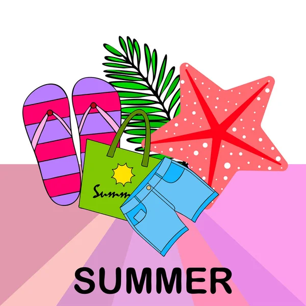 Vacaciones de verano. Bolsa de playa, zapatillas, pantalones cortos, estrellas de mar, sábana tropical. Fondo vectorial — Vector de stock