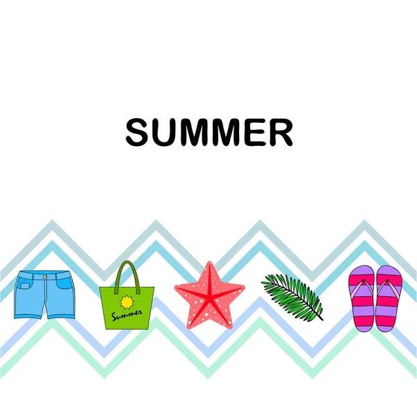 Summer vacation. Beach bag, slippers, shorts, starfish, tropical sheet. Vector background — Stock Vector