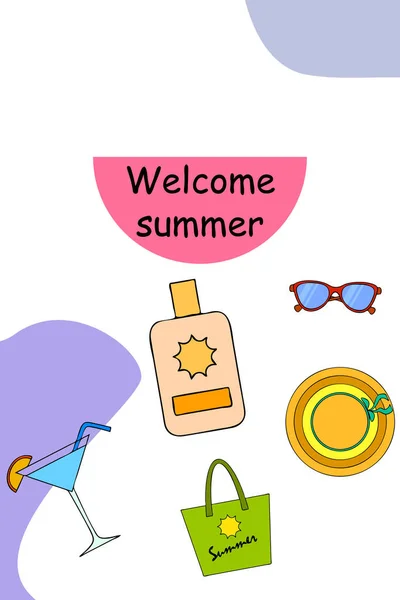 Plážová dovolená. Sluneční brýle, klobouk, plážový pytel, koktejl, krém na opalování. Vektorové pozadí. — Stockový vektor