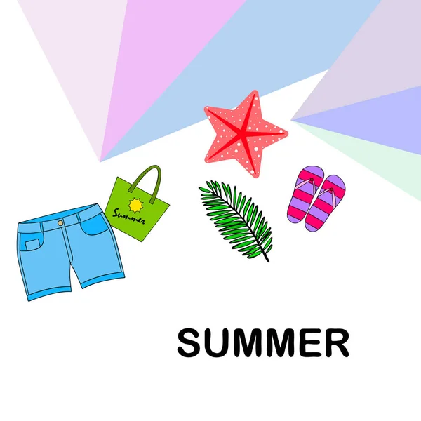 夏休み。ビーチバッグ、スリッパ、ショートパンツ、ヒトデ、トロピカルシート。ベクトルの背景 — ストックベクタ