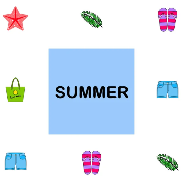 Summer vacation. Beach bag, slippers, shorts, starfish, tropical sheet. Vector background — Stock Vector