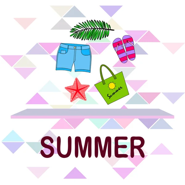 Zomervakantie. Strand tas, slippers, shorts, Starfish, tropische blad. Vector achtergrond — Stockvector