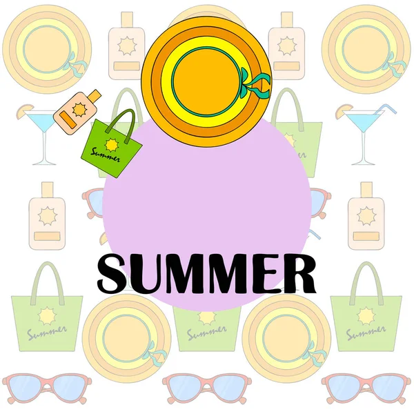 As férias na praia. Óculos de sol, chapéu, saco de praia, coquetel, protetor solar. Fundo vetorial . — Vetor de Stock