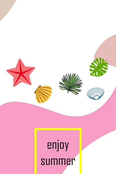 Riposo estivo. Stella marina, conchiglia, foglie di piante tropicali. Sfondo vettoriale — Vettoriale Stock