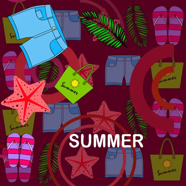 Vacaciones de verano. Bolsa de playa, zapatillas, pantalones cortos, estrellas de mar, sábana tropical. Fondo vectorial — Vector de stock