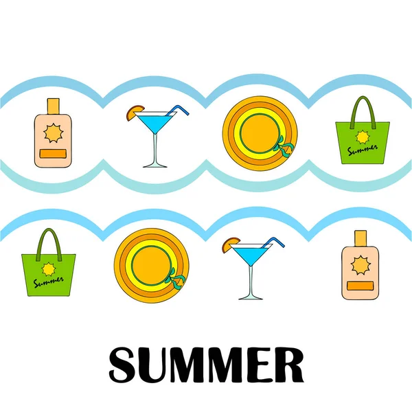 Beach vacation. Sunglasses, hat, beach bag, cocktail, sunscreen. Vector background. — Stock Vector