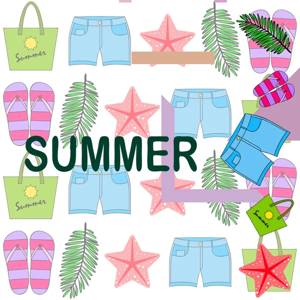 Summer vacation. Beach bag, slippers, shorts, starfish, tropical sheet. Vector background — Stock Vector