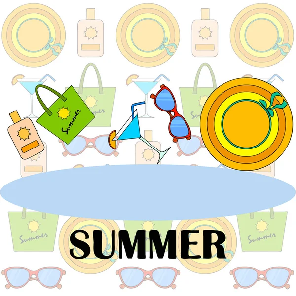 Vacaciones Playa Gafas Sol Sombrero Bolso Playa Cóctel Protector Solar — Archivo Imágenes Vectoriales