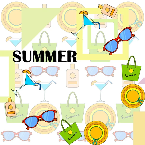 Vacaciones en playa. Gafas de sol, sombrero, bolso de playa, cóctel, protector solar. Fondo vectorial . — Archivo Imágenes Vectoriales