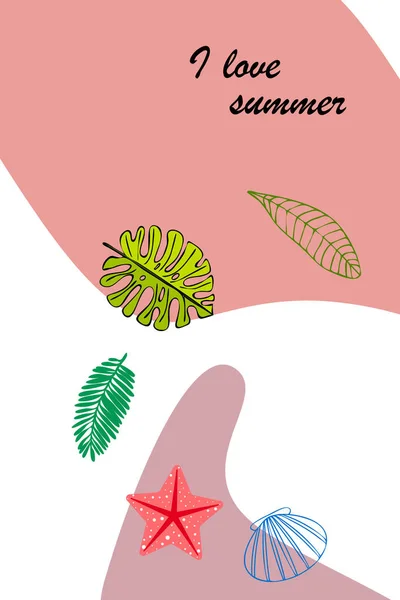 夏の休息 ヒトデ 熱帯植物の葉 ベクトルの背景 — ストックベクタ