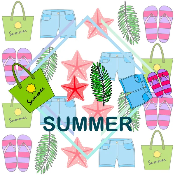 Vacaciones de verano. Bolsa de playa, zapatillas, pantalones cortos, estrellas de mar, sábana tropical. Fondo vectorial — Archivo Imágenes Vectoriales