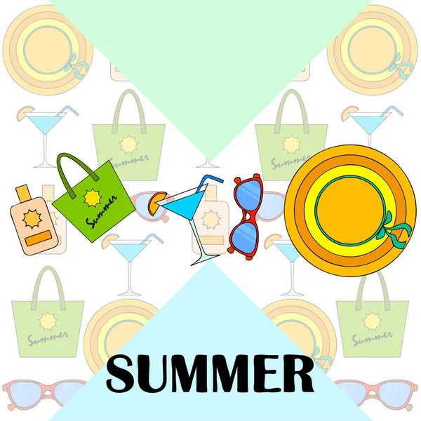 Strandurlaub. Sonnenbrille, Hut, Strandtasche, Cocktail, Sonnencreme. Vektorhintergrund. — Stockvektor