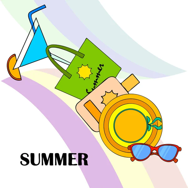 Beach Vacation Sunglasses Hat Beach Bag Cocktail Sunscreen Vector Background — Stock Vector