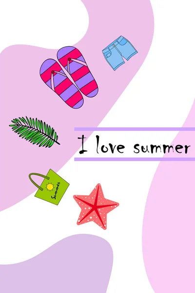 Summer vacation. Beach bag, slippers, shorts, starfish, tropical sheet. Vector background — Stock Vector