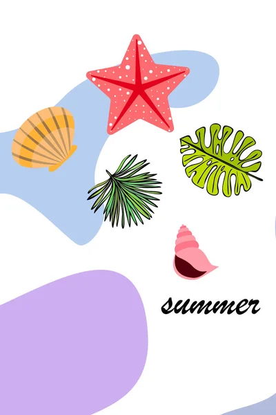 Sommerpause Seesterne Muscheln Blätter Tropischer Pflanzen Vektorhintergrund — Stockvektor