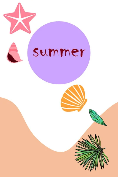 Zomer rust. Zeesterren, Seashell, bladeren van tropische planten. Vector achtergrond — Stockvector