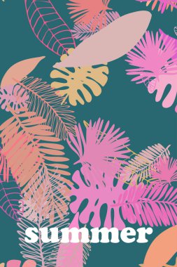Tropik bitkilerin yaprakları. Renkli yaz kartpostalı, yaz tatili. Vektör arka planı.